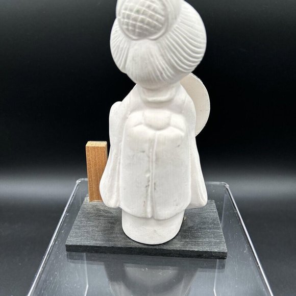 Ceramic Japanese Doll Dressed in Kimono Standing on Wood Platform - Picture 3 of 5